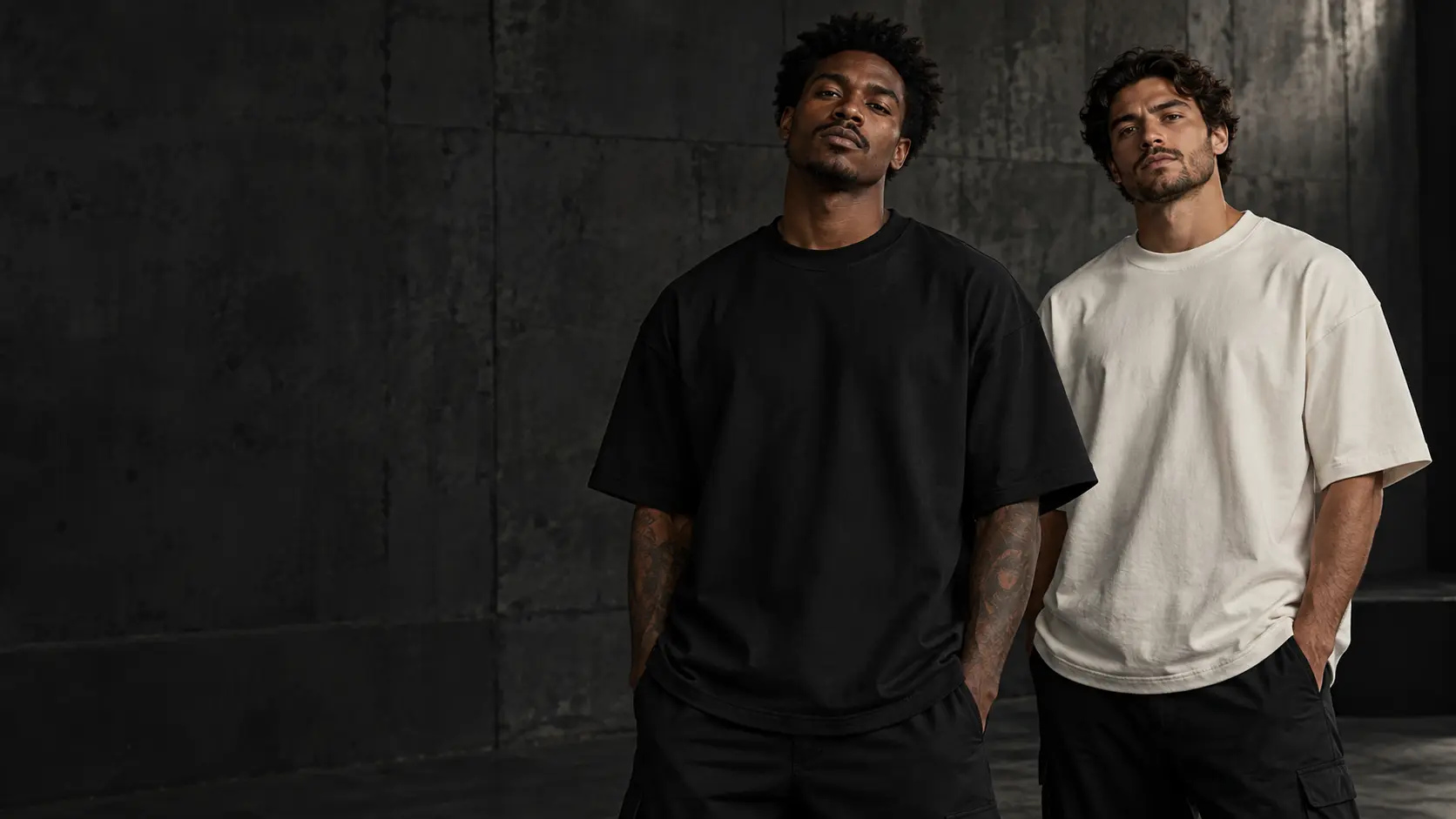 Dois modelos vestindo camisetas oversized preta e off-white